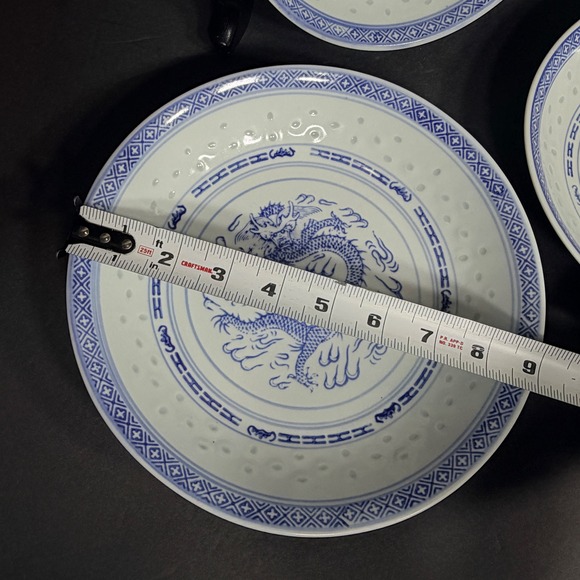 Lot of 3 VTG Jingdezhen China Rice Grain Blue White Dragon Porcelain 8", 9" - Picture 7 of 16
